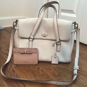 Kate Spade white leather satchel purse and pink wallet set, top flat, b&w inside